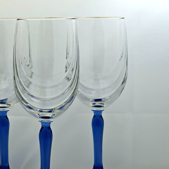 Libbey Crystal Blue Cobalt Wine Water Goblets 8.2" swag drape bowl gold rim (4) - Picture 4 of 8